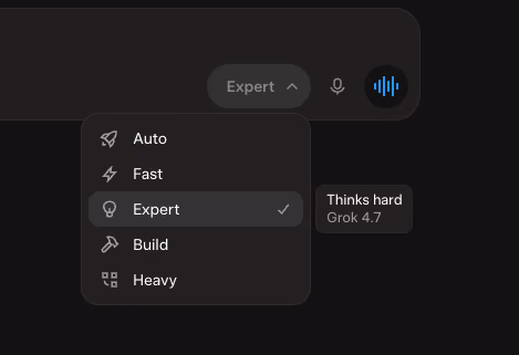 Screenshot shows the Grok app mode menu with Expert selected and a Grok 4.7 tooltip.