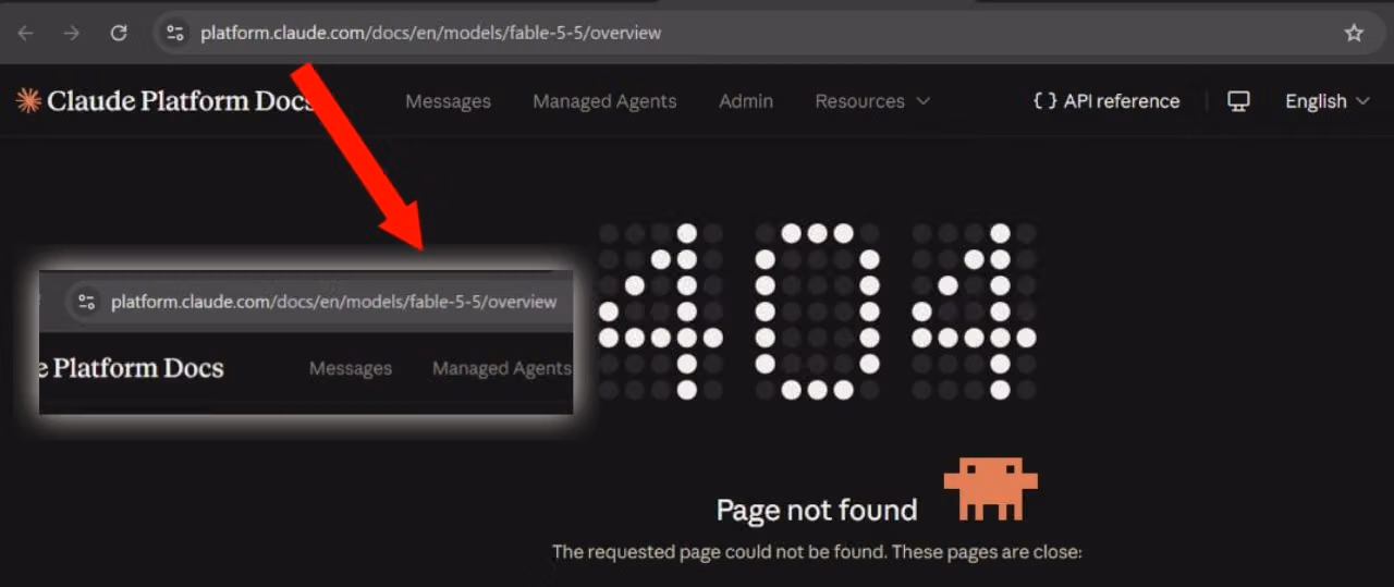 Screenshot shows the reported Fable 5.5 documentation path alongside Claude Platform’s page-not-found message.