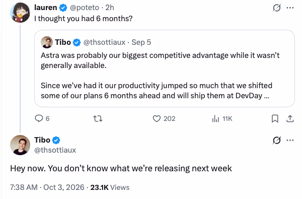 Screenshot shows Tibo's earlier DevDay-related post above a reply about next week's release, without an explicit connection.