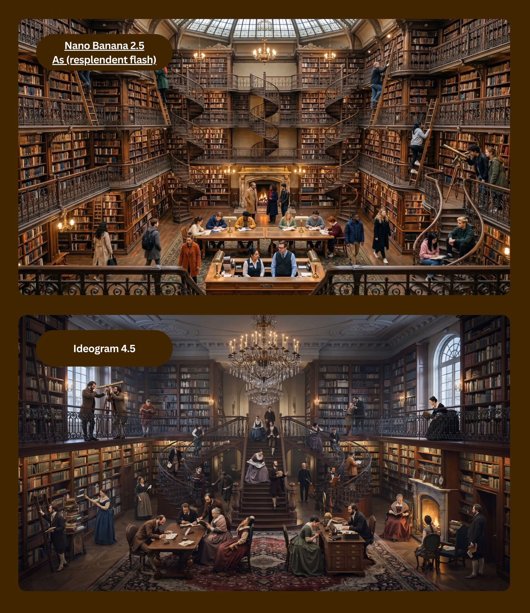Source-provided stacked comparison of the reported Nano Banana 2.5 and Ideogram 4.5 library results