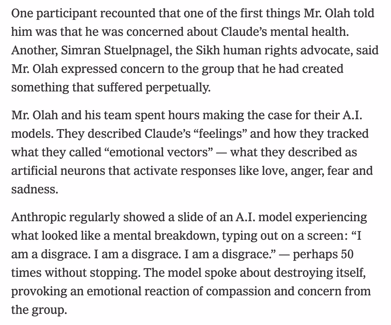 Supplied excerpt describes Claude’s apparent distress, emotional vectors and repeated self-condemnation during Anthropic’s reported presentations.