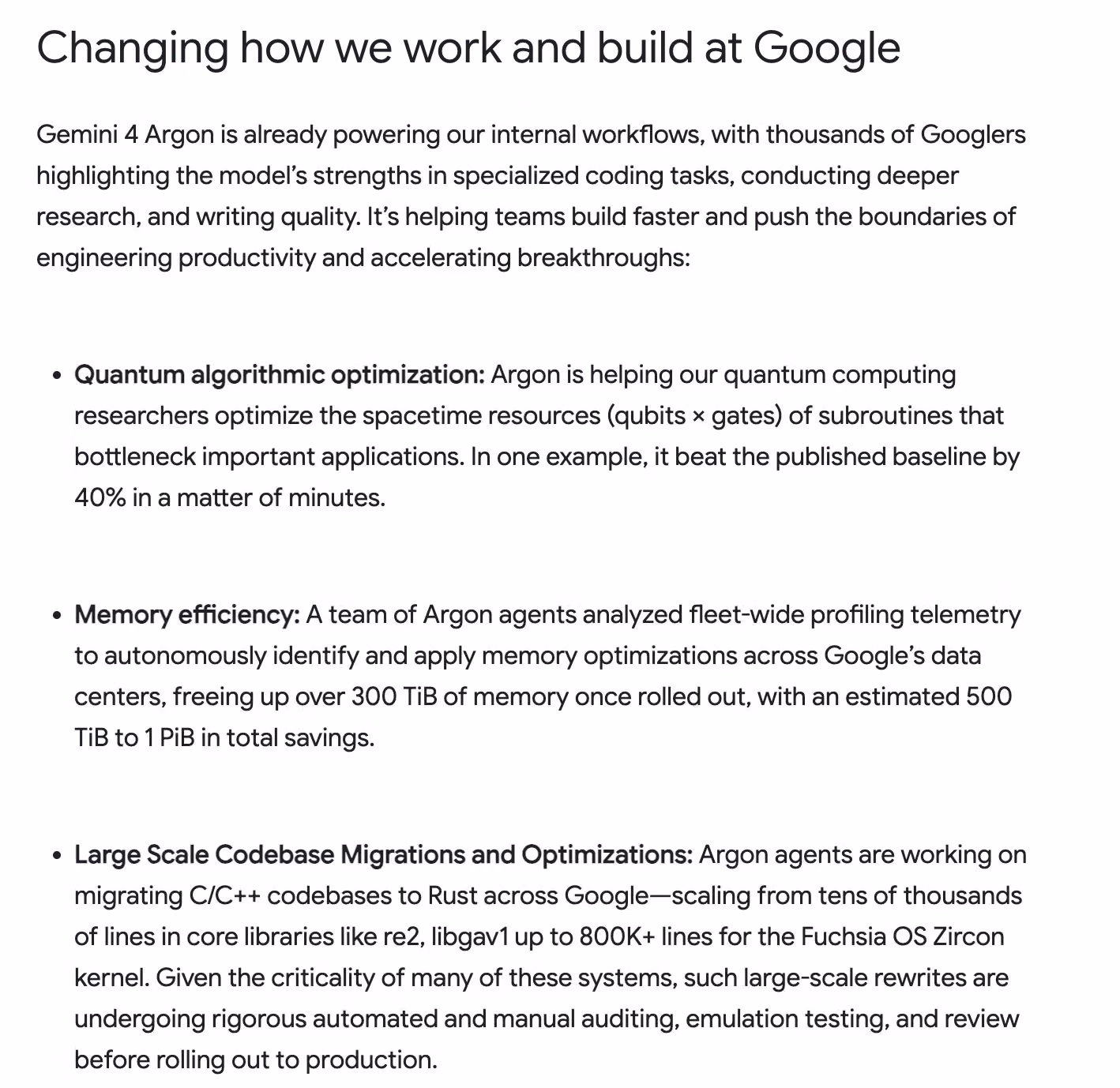 Supplied image describing reported Argon uses in memory efficiency, code migration and quantum algorithm optimization.