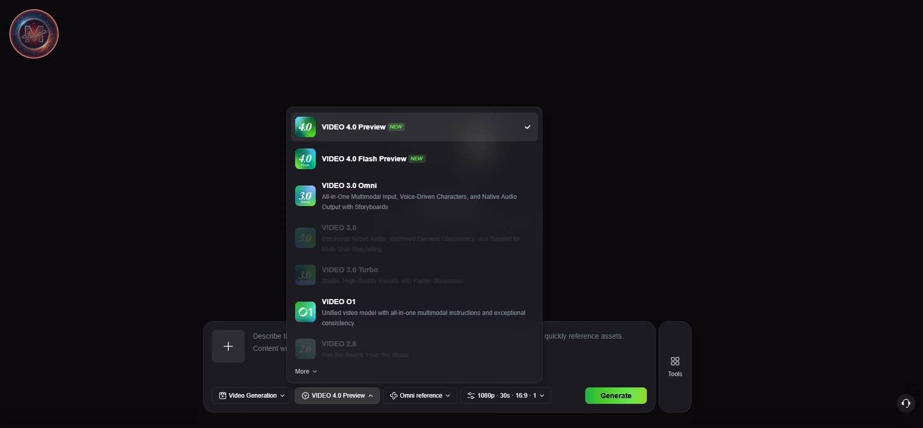 Supplied interface screenshot showing reported Video 4.0 Preview, Flash Preview, 1080p and Omni Reference controls.