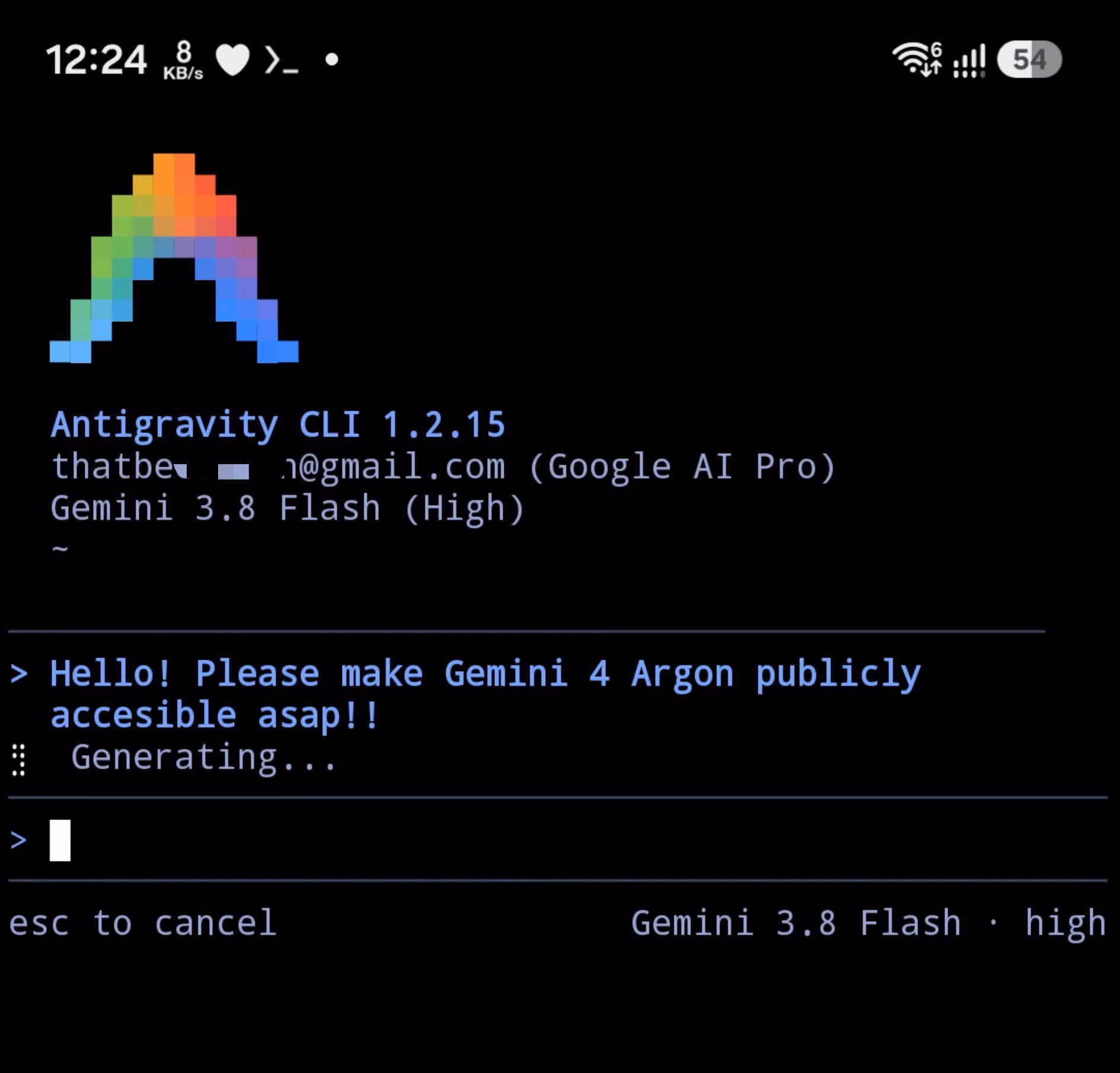 Terminal screenshot displays Antigravity CLI 1.2.15 running with a Gemini prompt on Android