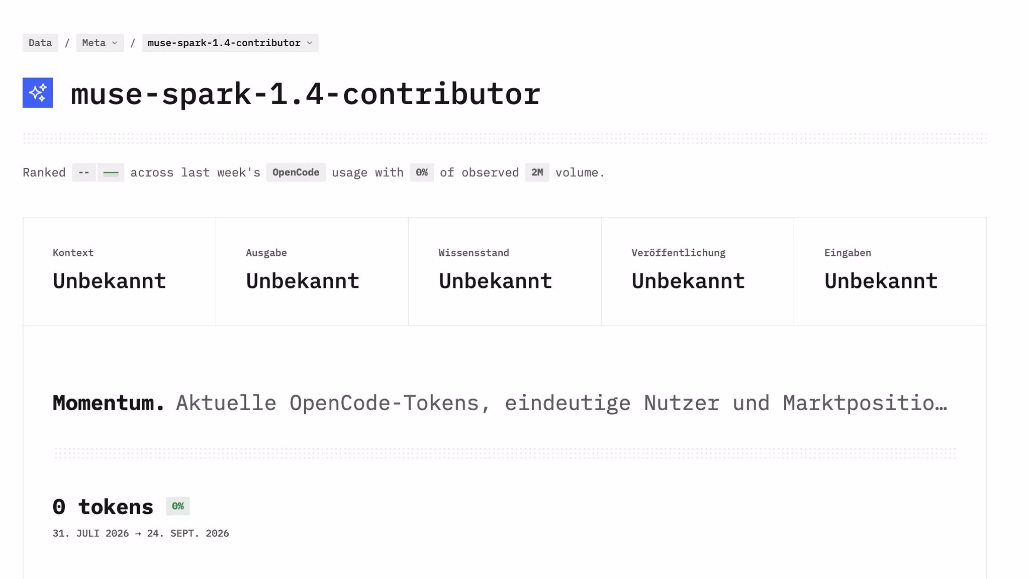 The supplied OpenCode screenshot shows the Muse Spark identifier, unknown model fields, 0% of observed volume against a displayed 2M volume, and 0 tokens for the shown period.