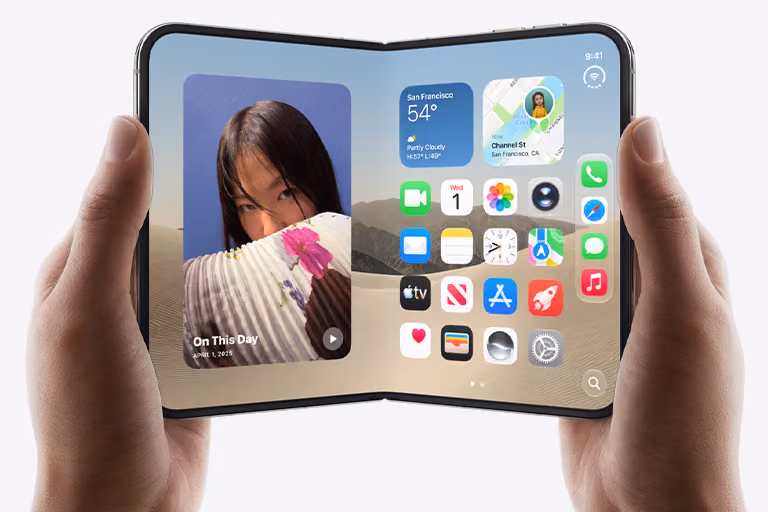 Two hands hold an open iPhone Duo, left screen displays a photo of a woman, right screen shows a home screen with various app icons, including Messages, Photos, Camera, and App Store