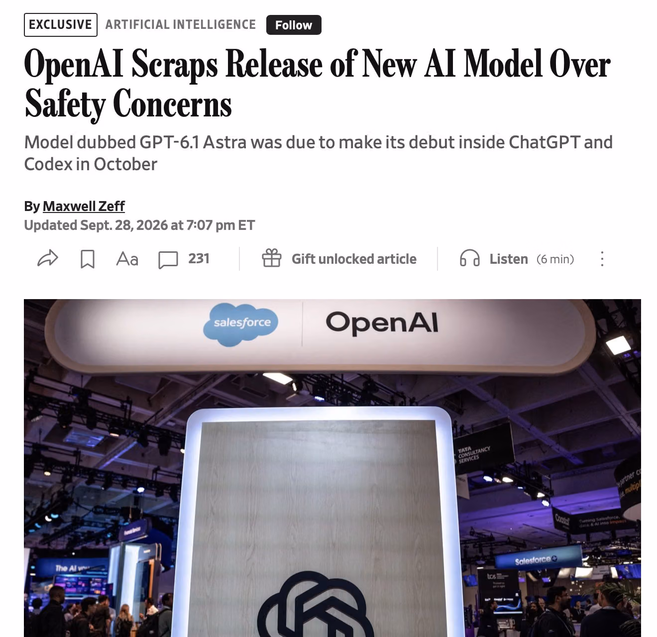 Wall Street Journal screenshot reports OpenAI scrapping a model release over safety concerns