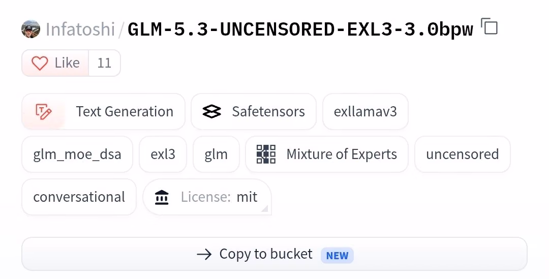 X post screenshot showing the Infatoshi GLM-5.3 UNCENSORED EXL3 repository listing