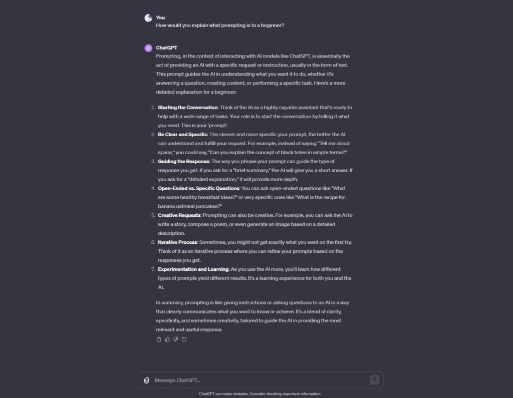 a screenshot showing How would you explain what prompting is to a beginner.