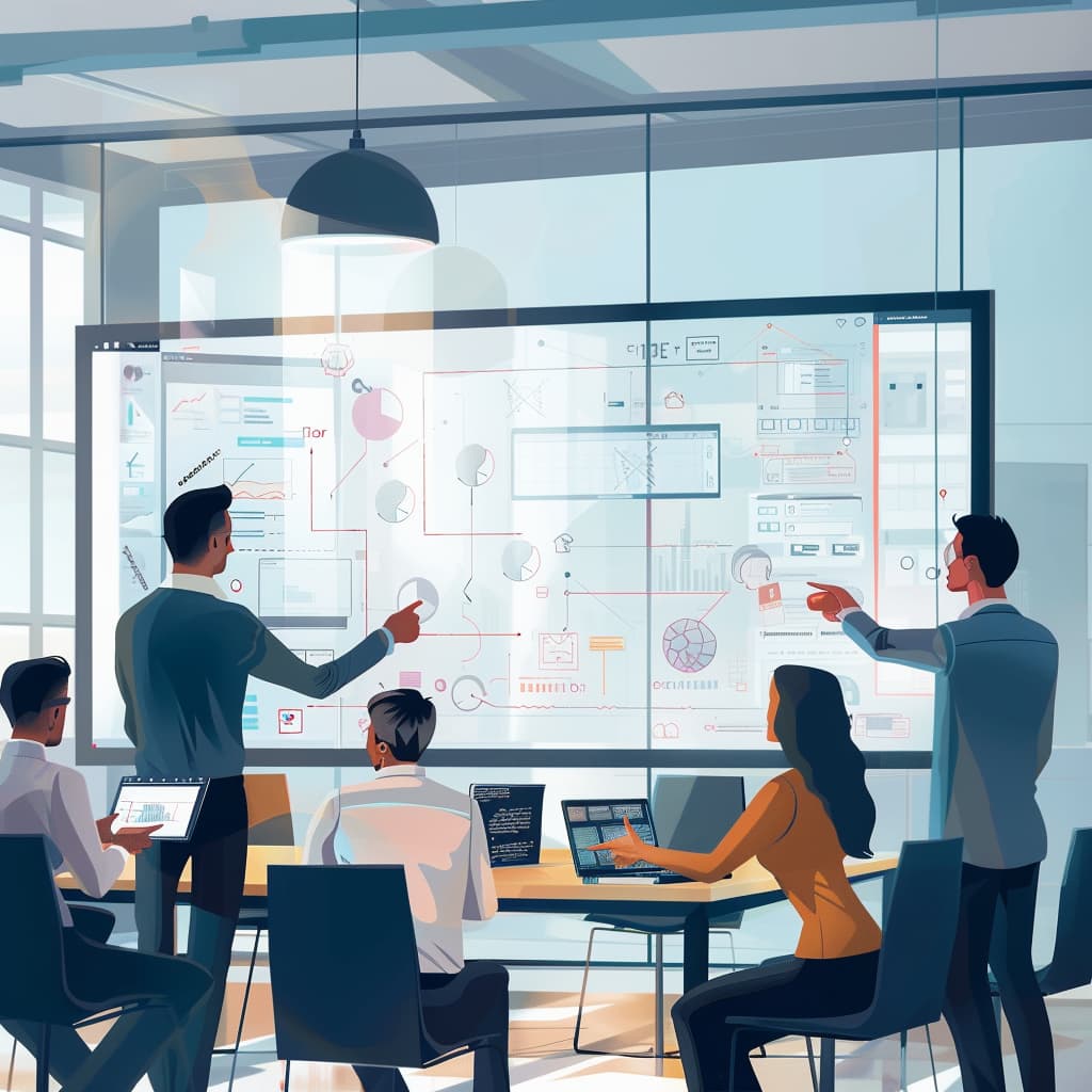 ChatGPT Prompts for Business.- Ai generated image , showing a board room having a meeting about AI and prompting.