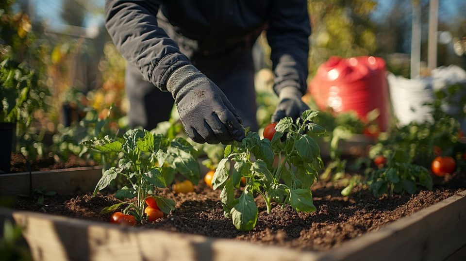 A backyard vegetable garden with a mix of raised beds and in-ground planting. ai generated
