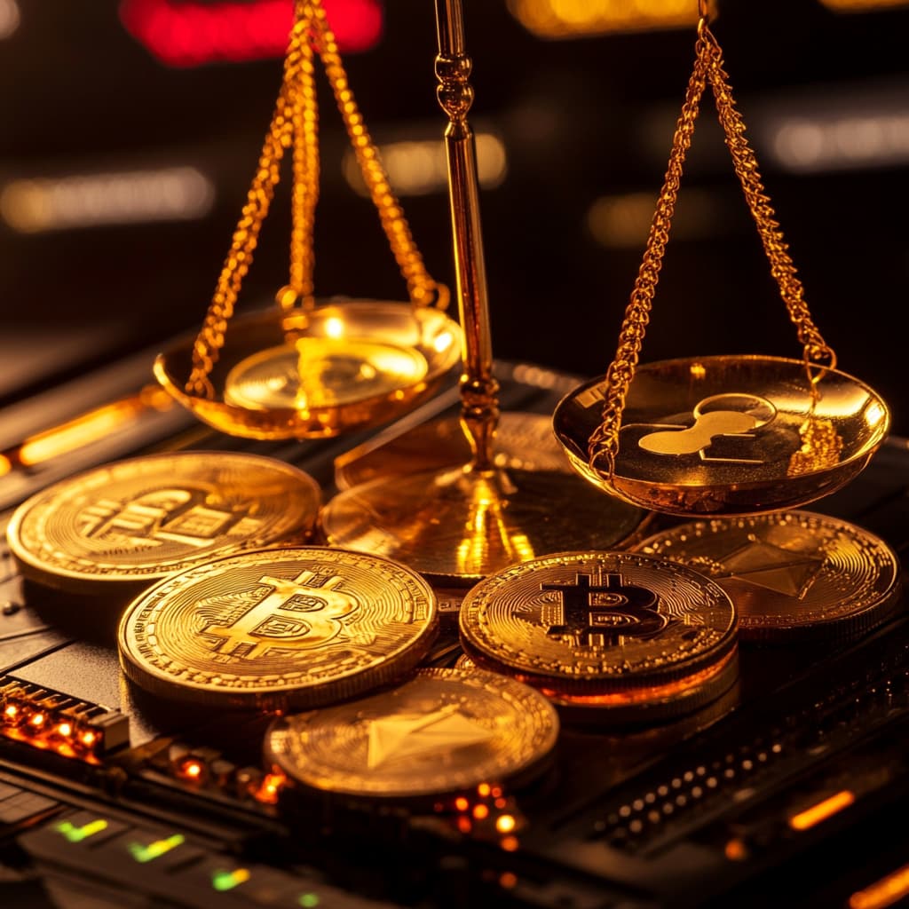 A balanced scale holding various cryptocurrency coins and tokens, with holographic pie charts showing optimal asset allocation - Ai generated