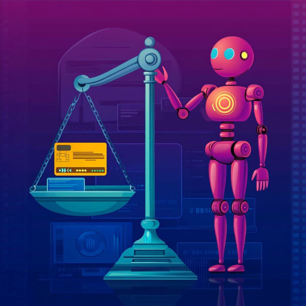 A balanced scale with credit cards on one side and a percentage meter on the other. An AI assistant is adjusting the scale to achieve the perfect balance, with a glowing 'optimal zone' highlighted - AI generated