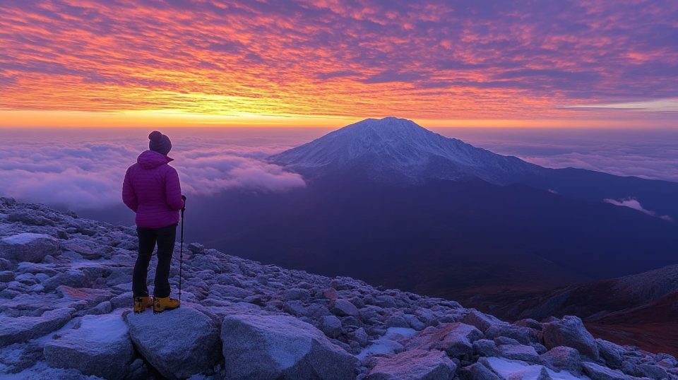 A breathtaking sunrise over a mountain range with a lone hiker standing at the summit. ai generated