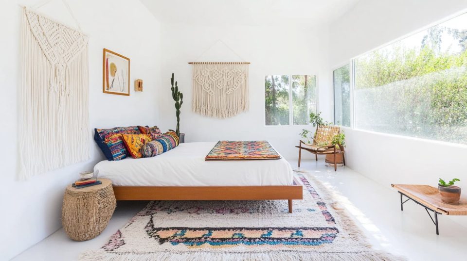 A bright bedroom with white walls, a minimalist bed frame, ai generated