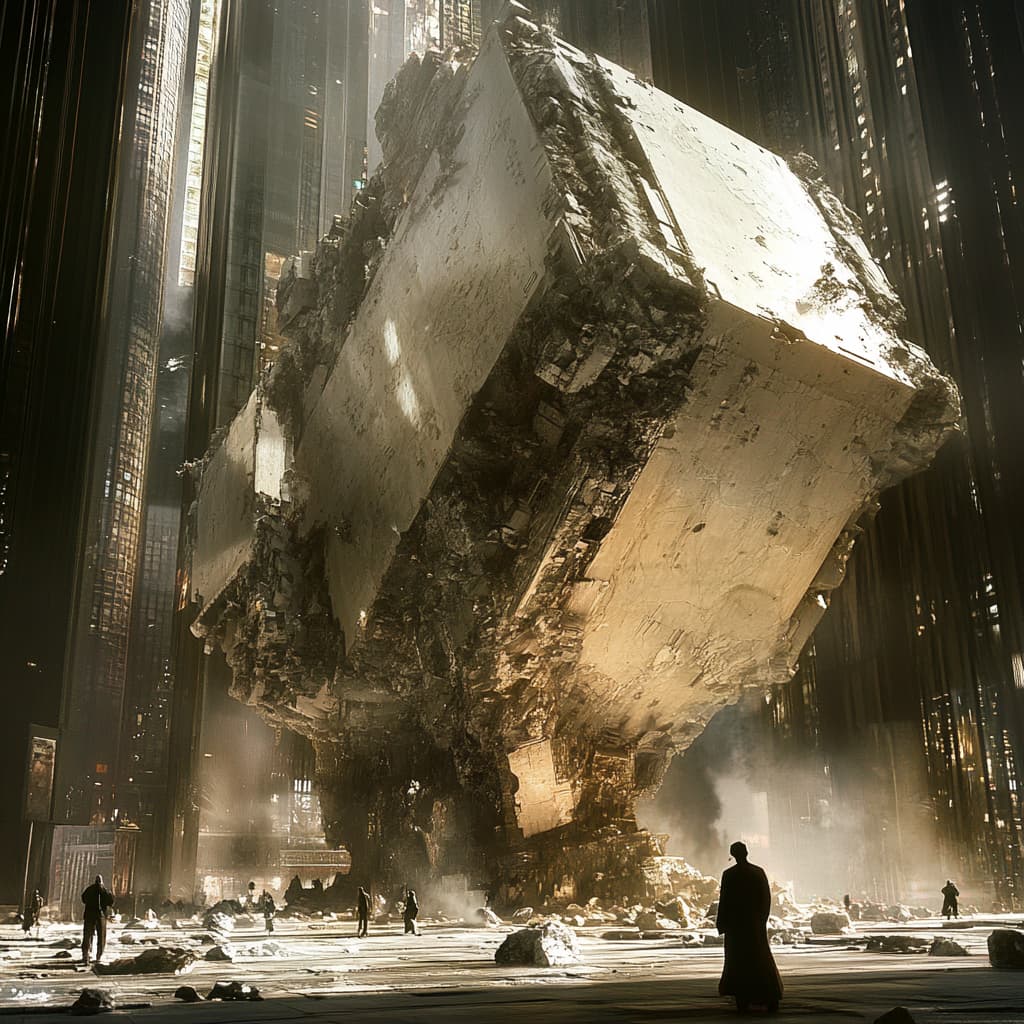 A bustling cityscape where buildings and structures are formed out of giant, balancing zen stones, with people finding moments of calm in unlikely spaces ai generated
