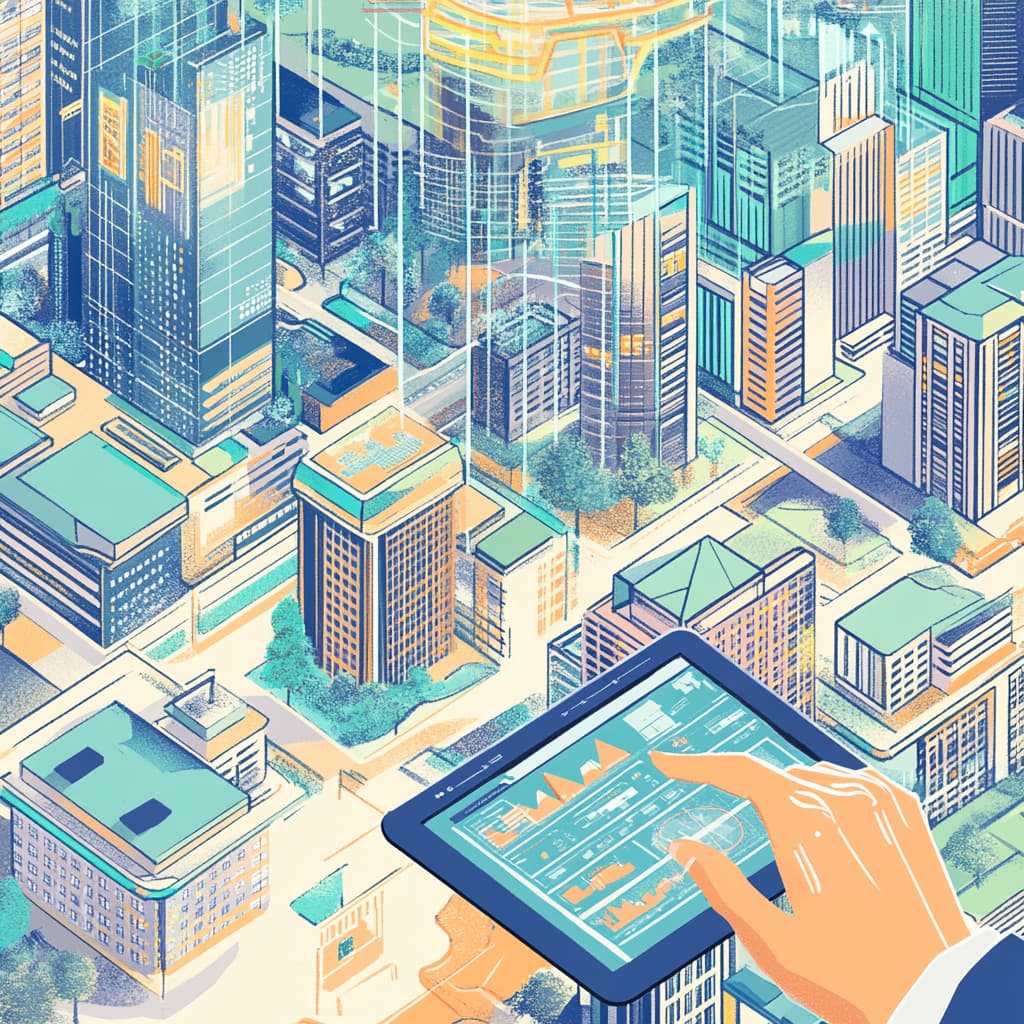 A bustling cityscape with skyscrapers, residential buildings, and commercial properties, all interconnected by a web of digital data streams. AI generated