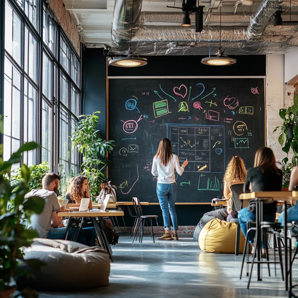 A bustling co-working space with professionals at individual desks, each focused on different tasks. One person is standing in front of a large chalkboard wall. ai generated