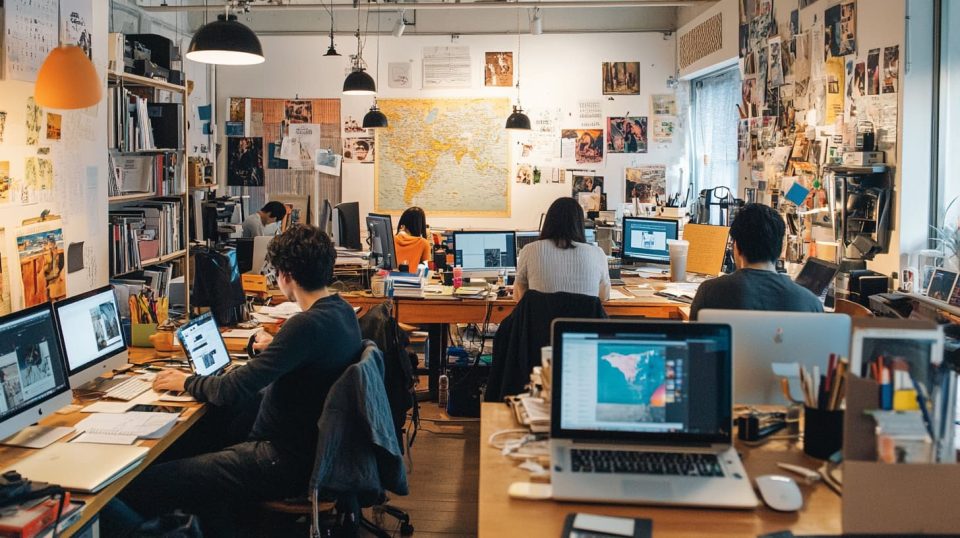 A bustling creative studio, with multiple bloggers working side by side. ai generated