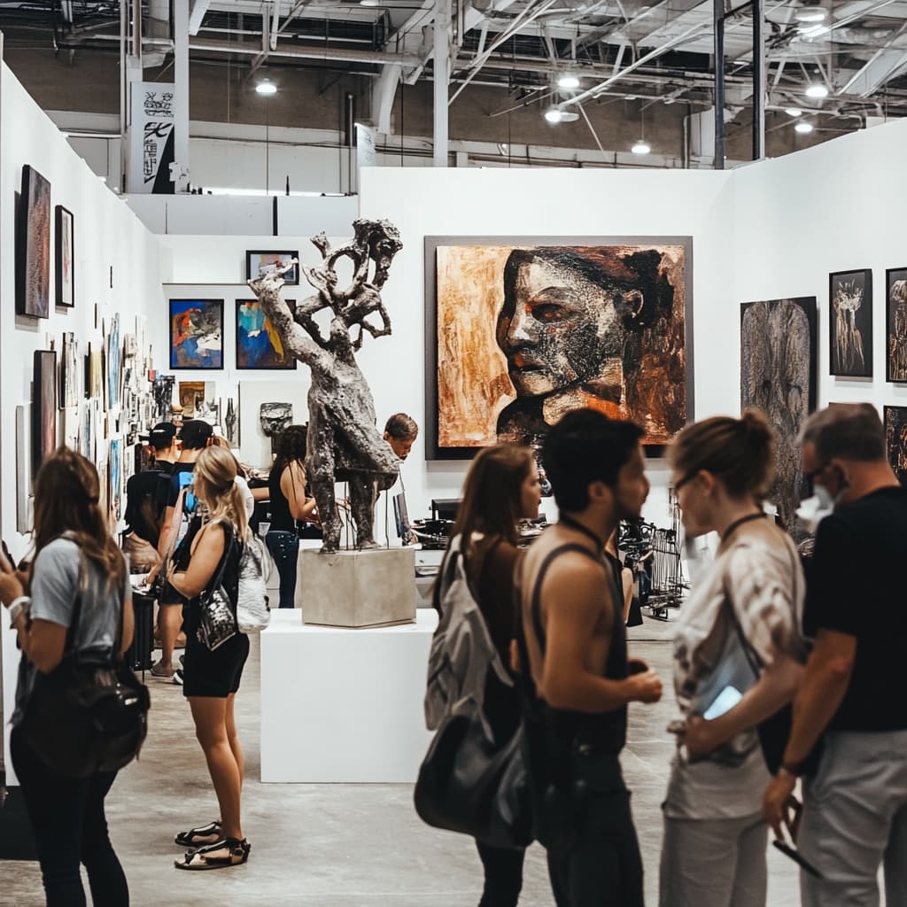 A busy art and design expo, where artists and creators are showcasing their work to visitors. ai generated
