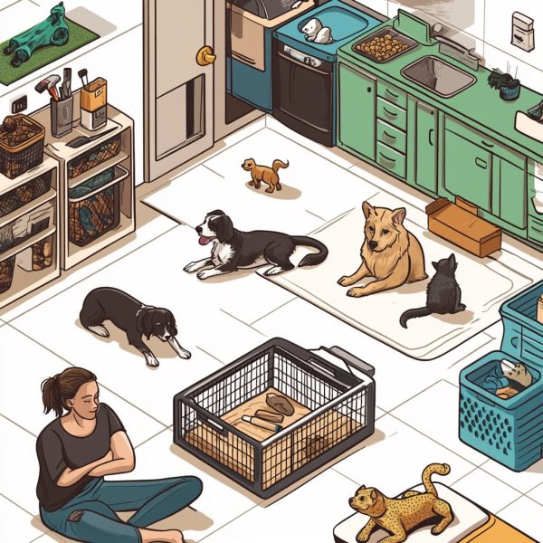 A busy, pet-loving household with various animals--a dog resting in a crate, a cat lounging peacefully, and a reptile in a well-designed habitat. ai generated