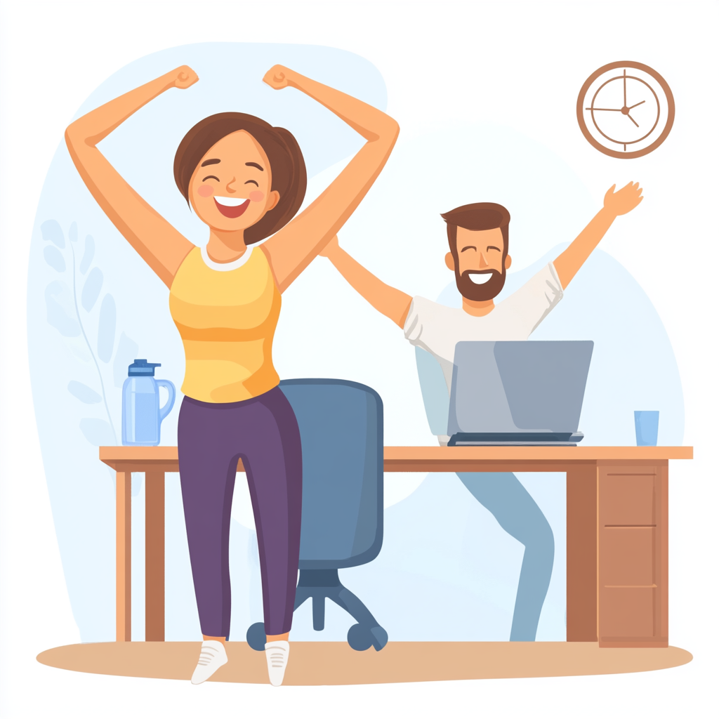 A busy professional seamlessly incorporating healthy habits like drinking water, stretching, and taking short walks during their workday, represented by small actions integrated into a typical office scene. ai generated