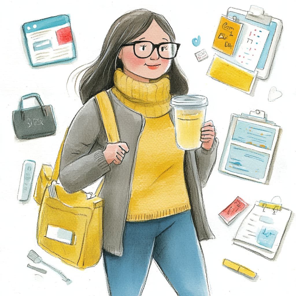 A busy professional seamlessly incorporating healthy habits like drinking water, stretching, and taking short walks during their workday, represented by small actions integrated into a typical office scene. ai generated