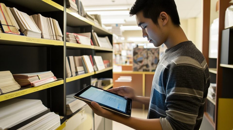 A busy student in a study room, glancing over research books and an AI-assisted research tool on a tablet. ai generated