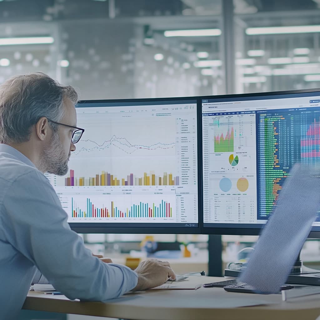 A busy workspace with a large screen displaying an intuitive interface. The screen shows simplified data with visual aids like colorful graphs, charts, and heat maps.