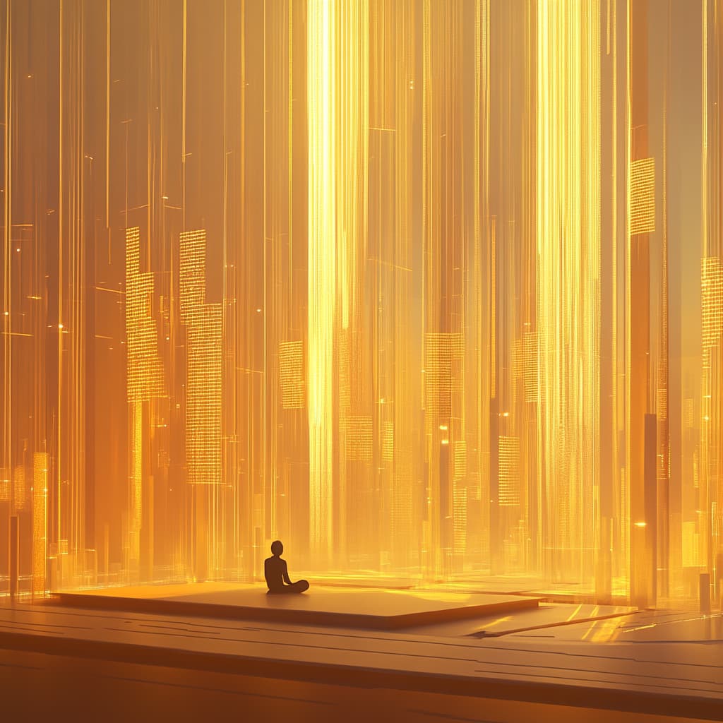 A calm, modern room with a person meditating on a cushion. Around them, translucent books, scroll ai generated