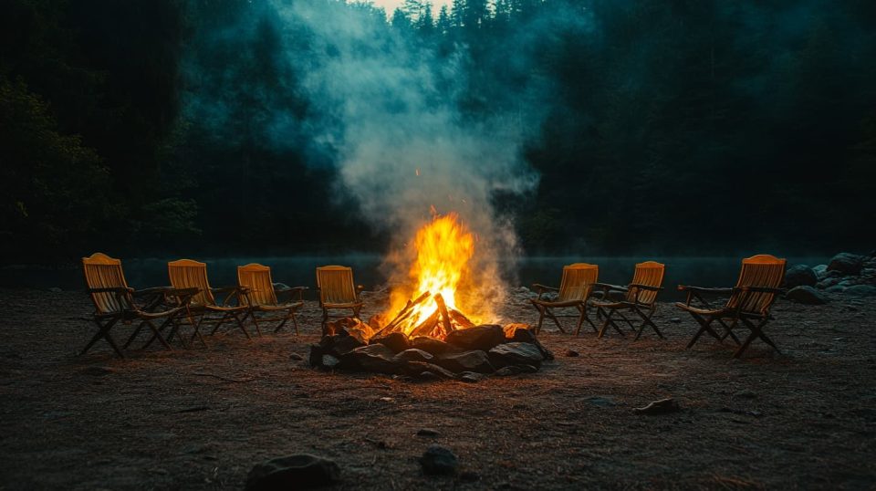 A campfire surrounded by empty chairs in the middle of a vast, dark forest. ai generated