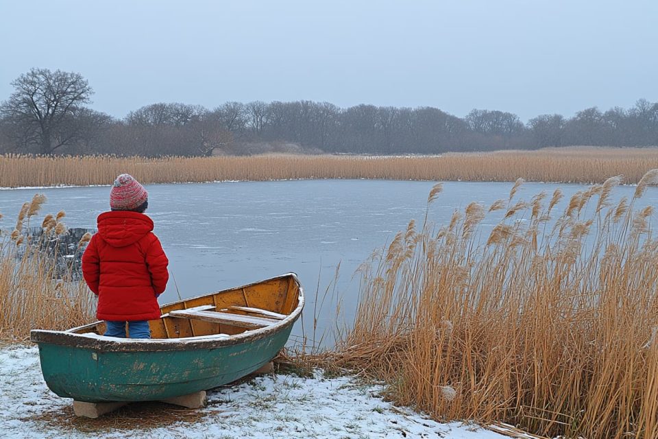 A child playing with a toy boat near a murky lake under stormy skies. ai generated