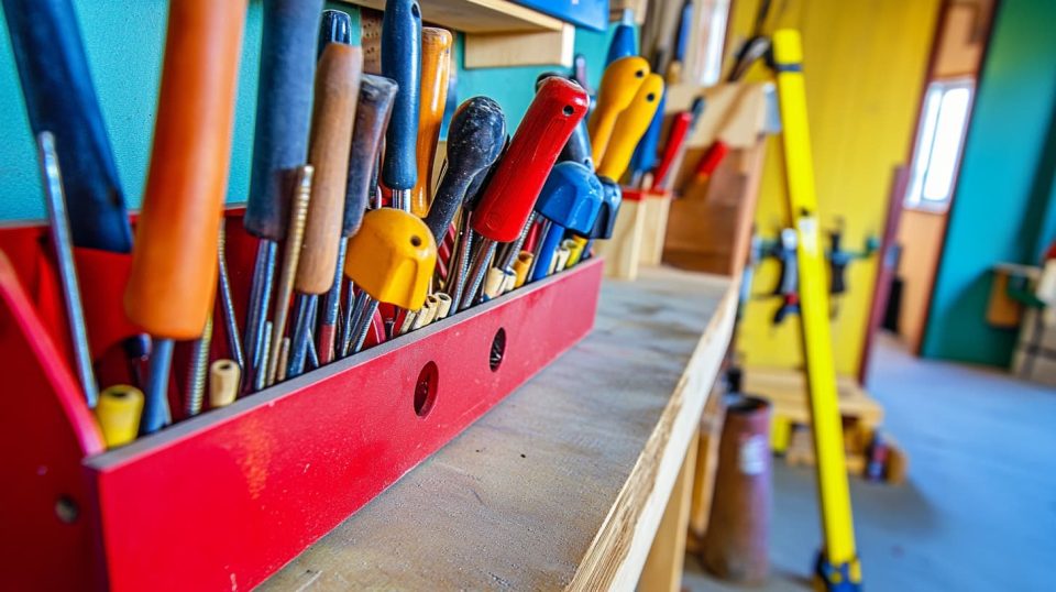 A clean workbench with a labeled organizer full of screws, nails, and bolts. Nearby, a DIY project like a birdhouse is in progress, with tools methodically placed around it. ai generated