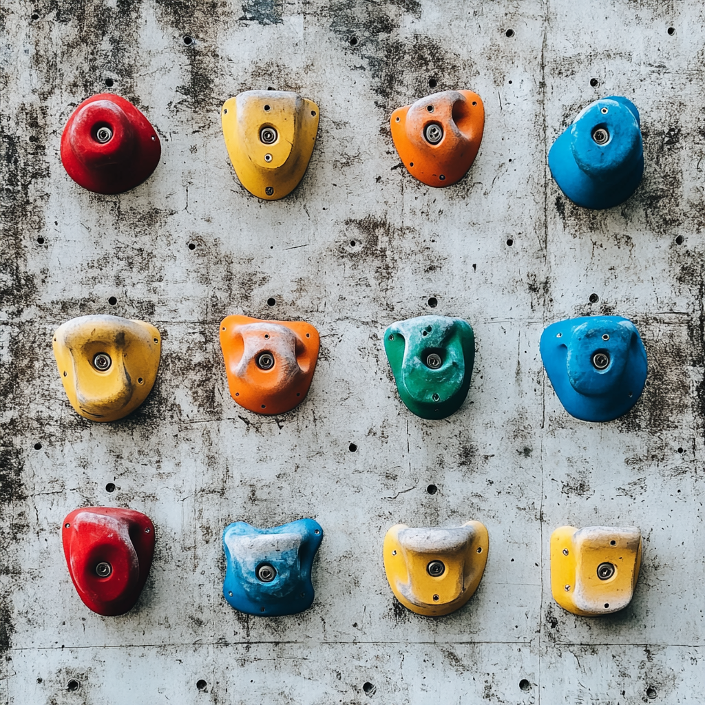 A climbing wall with handholds representing different practices and strategies for mental health improvement. ai generated
