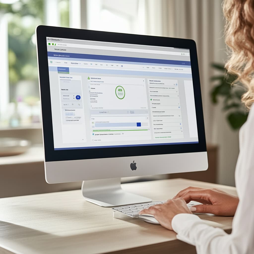 A close-up of a computer screen displaying a simple and intuitive tax filing interface with clear steps, user-friendly icons, and progress indicators. A hand using a mouse to navigate the interface.