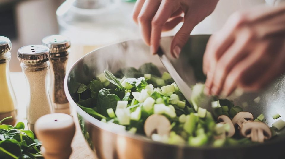 A close-up of a cook’s hands placing vegetables like chopped green onions, spinach leaves, and sliced mushrooms into a large mixing bowl. ai generated