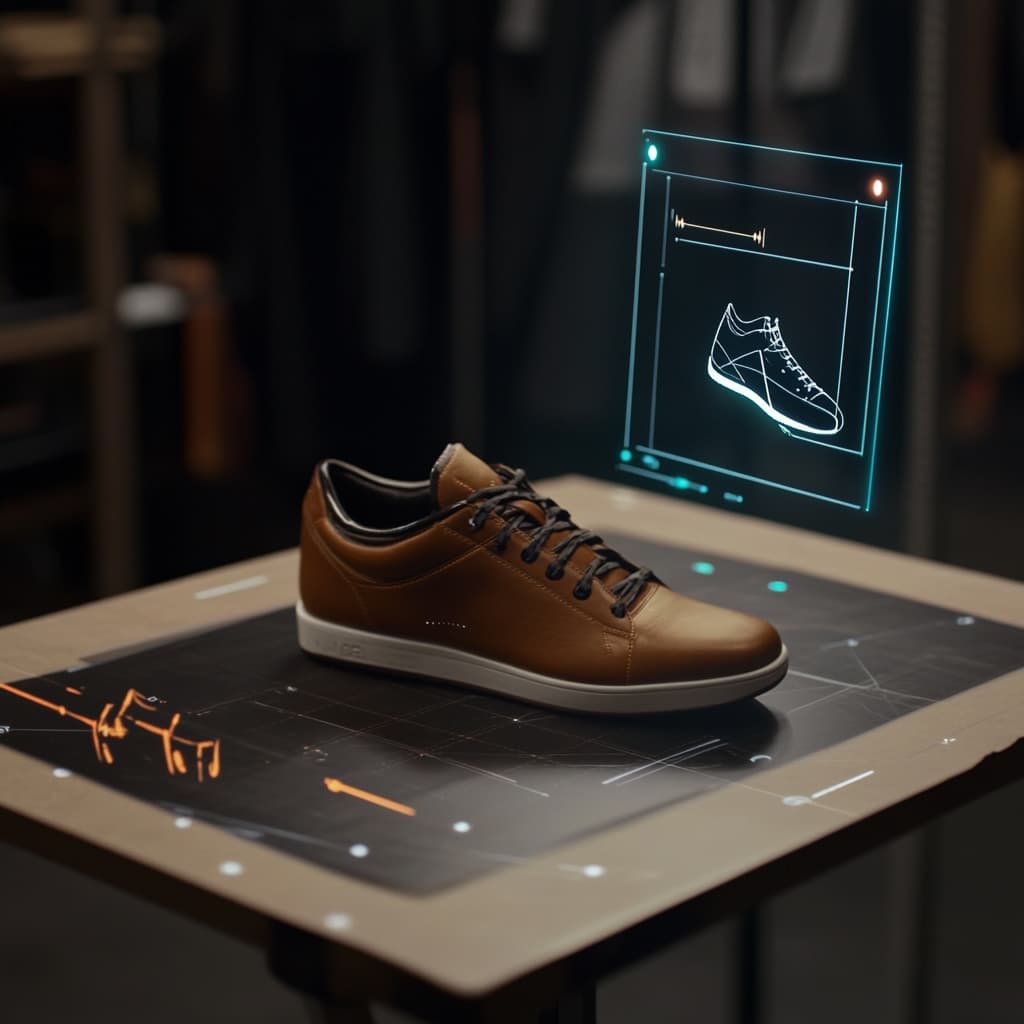 A close-up of a product (like a shoe or bag) on a table, with the AI interface overlaid, suggesting angles, lighting adjustments. ai generated