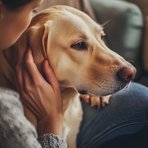 A close-up of an owner gently examining their dog’s ears and paws, paying attention to the dog’s health. The dog sits calmly, trusting the owner. The scene shows a comfortable home environment, emphasizing routine health checks for pets. ai generated