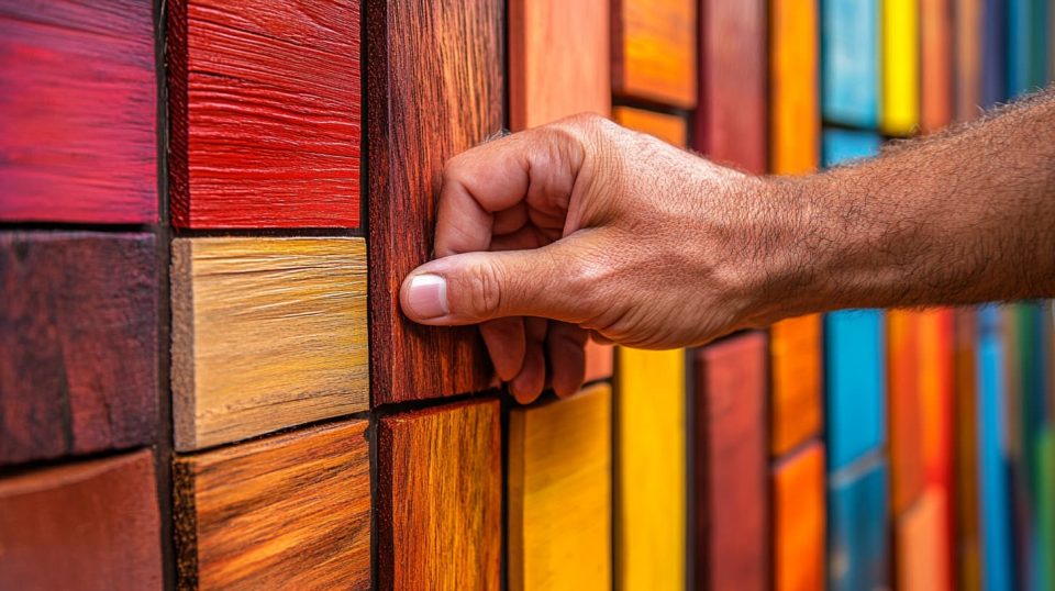 A close-up of hands choosing between wood samples, fabrics, and paint swatches. ai generated
