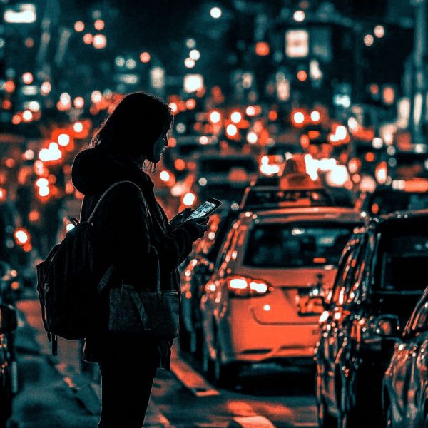 A cluttered, busy city street during rush hour, with a person looking overwhelmed or stressed while standing alone. ai generated