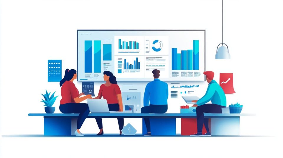 A collaborative office scene with a large screen displaying detailed charts on audience segmentation. ai generated