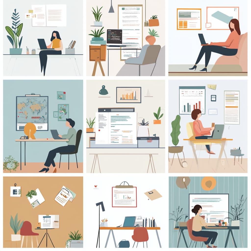A collage of different scenes, each showing a modern, comfortable workspace in a home or small office setting. ai generated