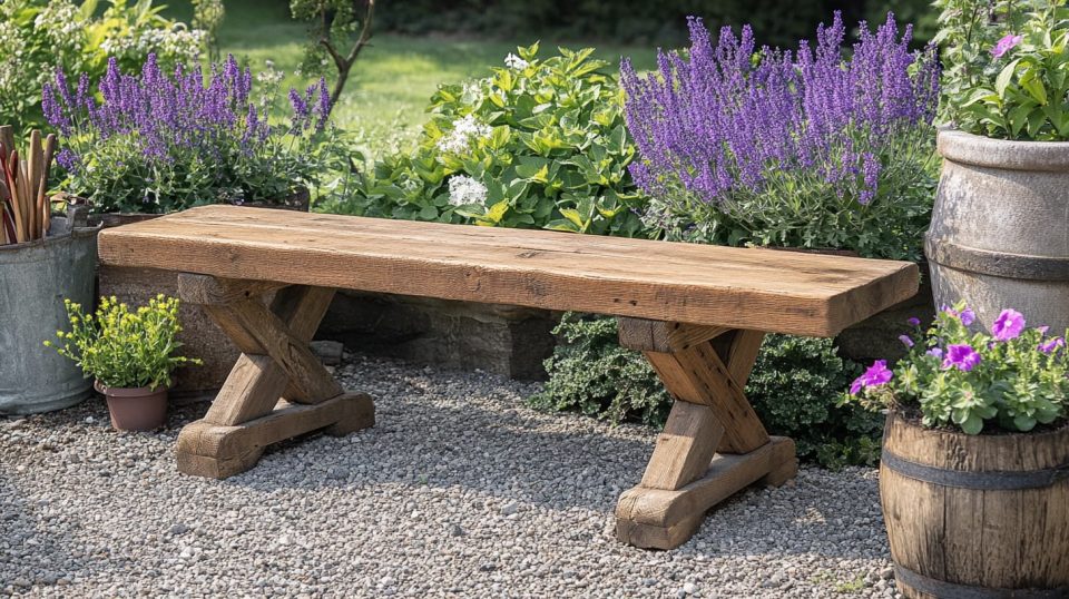 A completed DIY garden bench being admired by a family, with tools and materials stored neatly nearby. ai generated