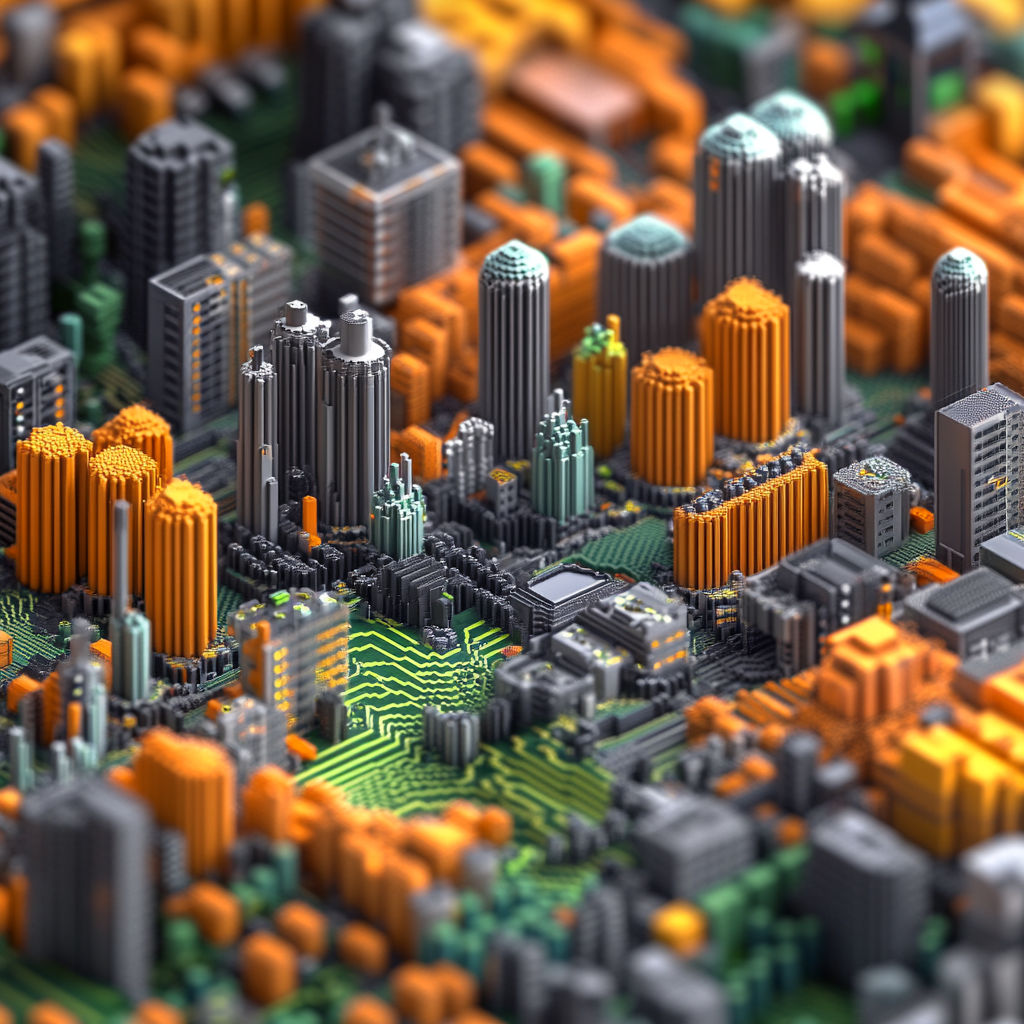 A complex 3D cryptocurrency market landscape with rising and falling bar charts, candlestick patterns, and flowing streams of data representing various technical indicators - Ai generated