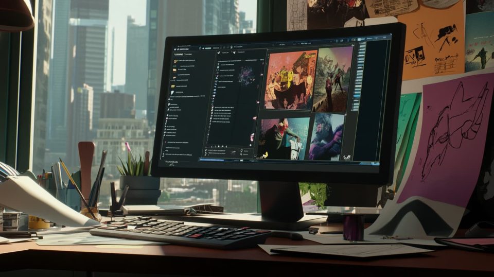 A computer screen in a modern home office setting shows a detailed user interface of the plot generator at work. ai generated
