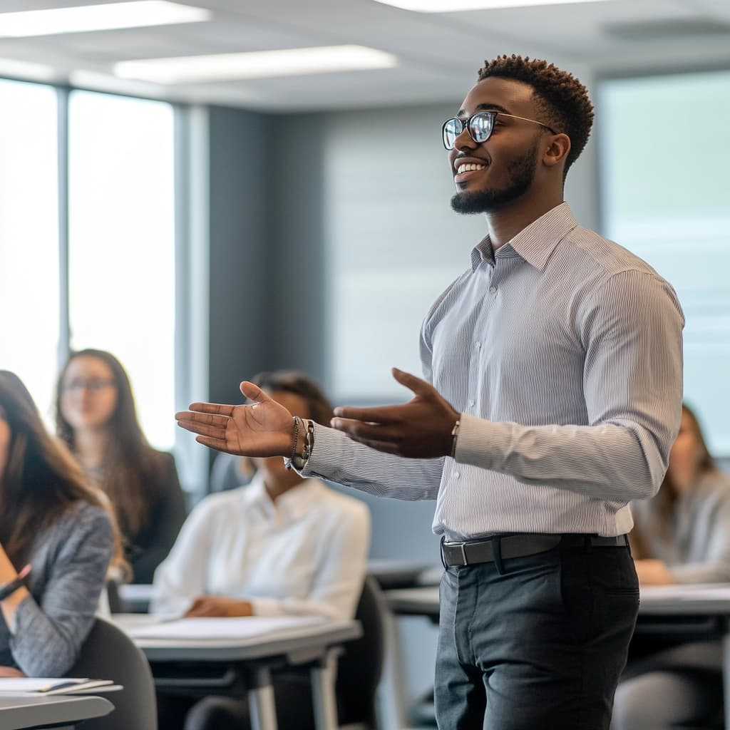 A confident student presenting their polished research paper to a group of peers in a bright, modern classroom. ai generated