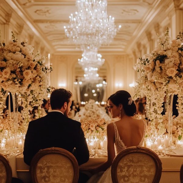 A couple sitting in a wedding venue during a tour, observing a well-decorated ballroom with elegant flowers. ai generated