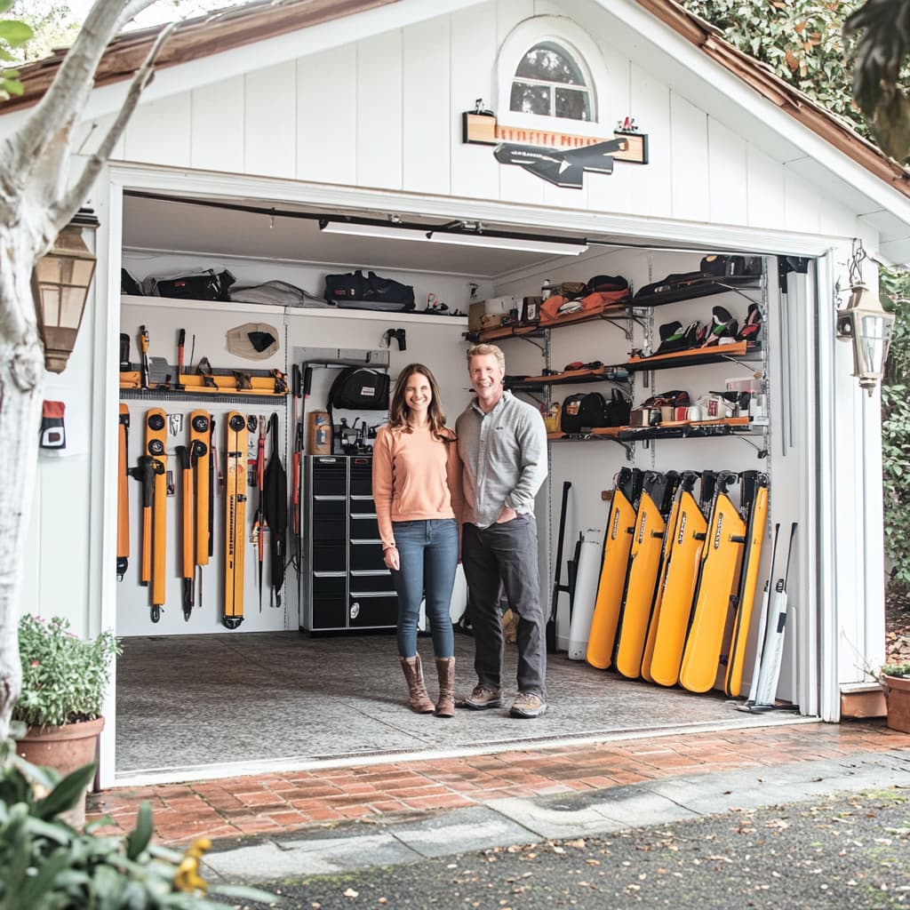 A couple standing in front of an open garage, smiling as they use wall. ai generated