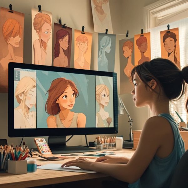 A cozy, creative workspace scene where a user is editing their cartoon avatar on a large tablet or monitor. ai generated
