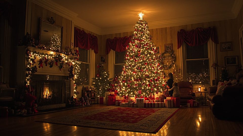 A cozy holiday scene with a family exchanging gifts near a decorated tree. ai generated